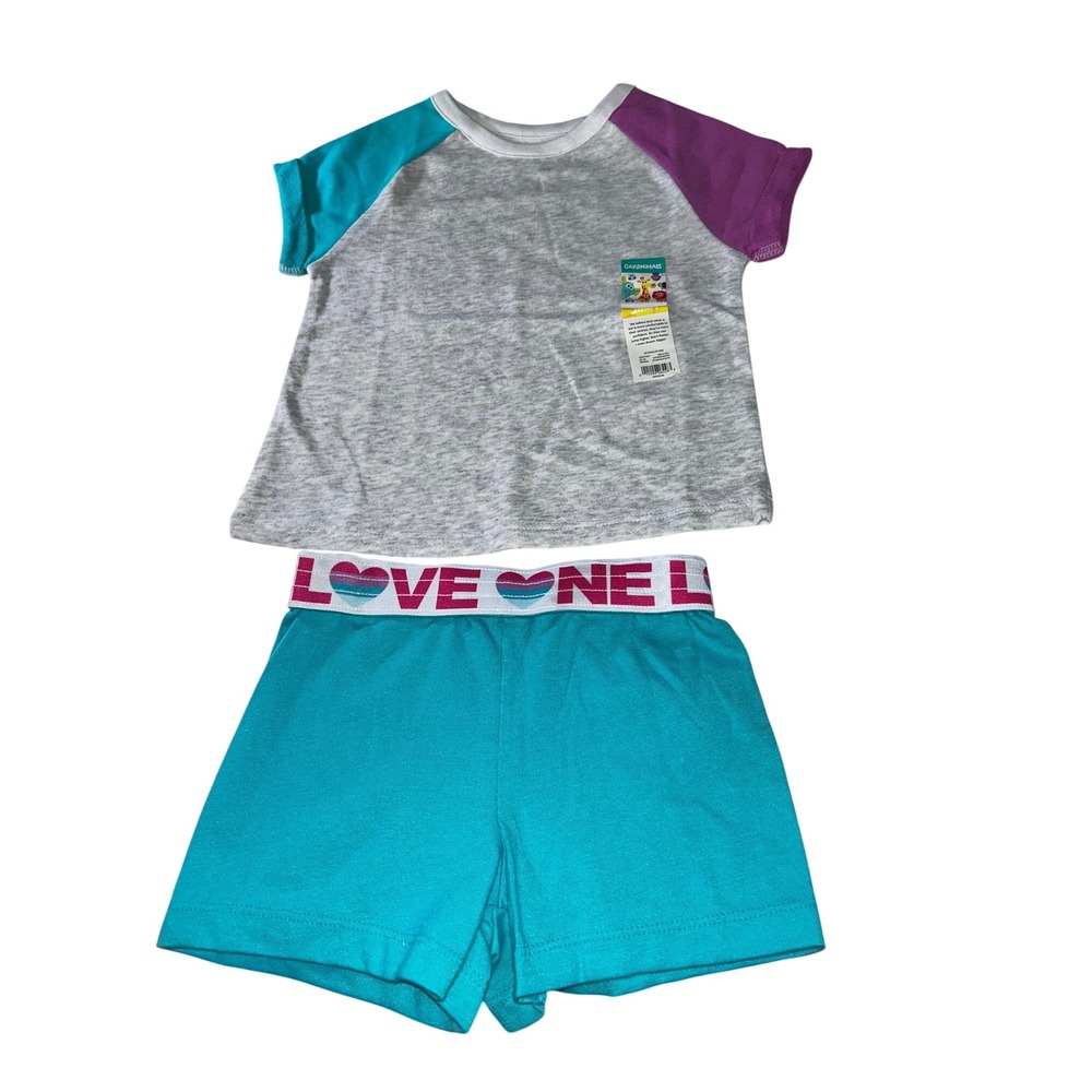 Garanimals Girls 2pc Short Set 3T Gray Teal Purple Raglan Tee Love Shorts NEW
